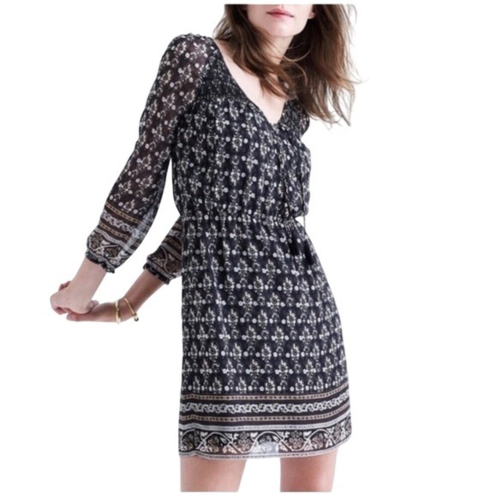Madewell Woodland Dress Artisan Floral Black Tassel Tie‎ Smocked Boho Size 10